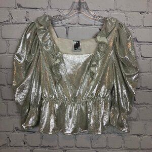 Queen Of Sparkles Silver Shimmer Ruffle Puff Sleeve Peplum Top Size S
